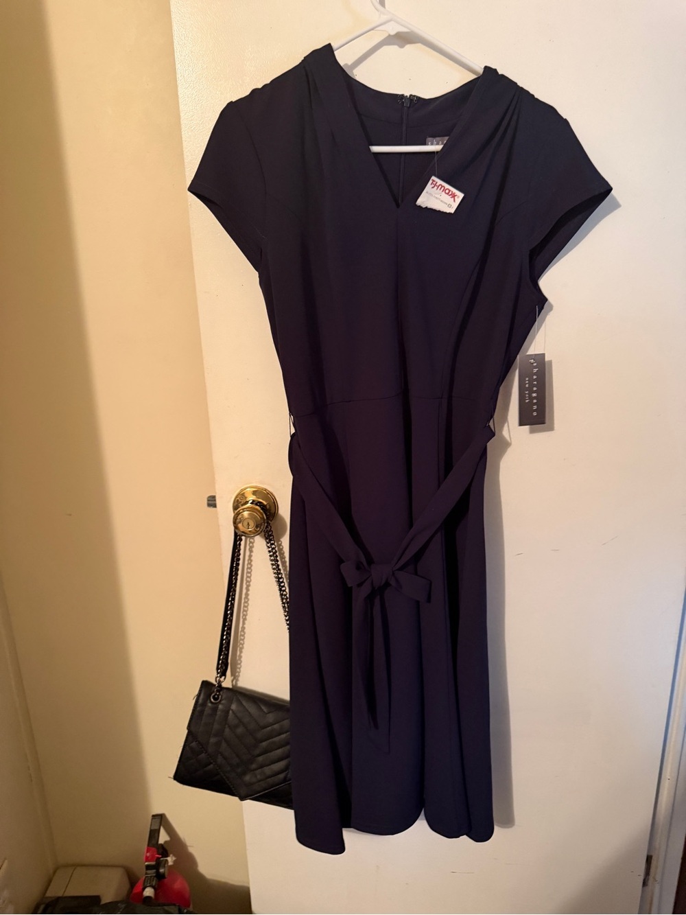 Cap-Sleeve Tie-Waist Midi Dress in Deep Navy Size 10